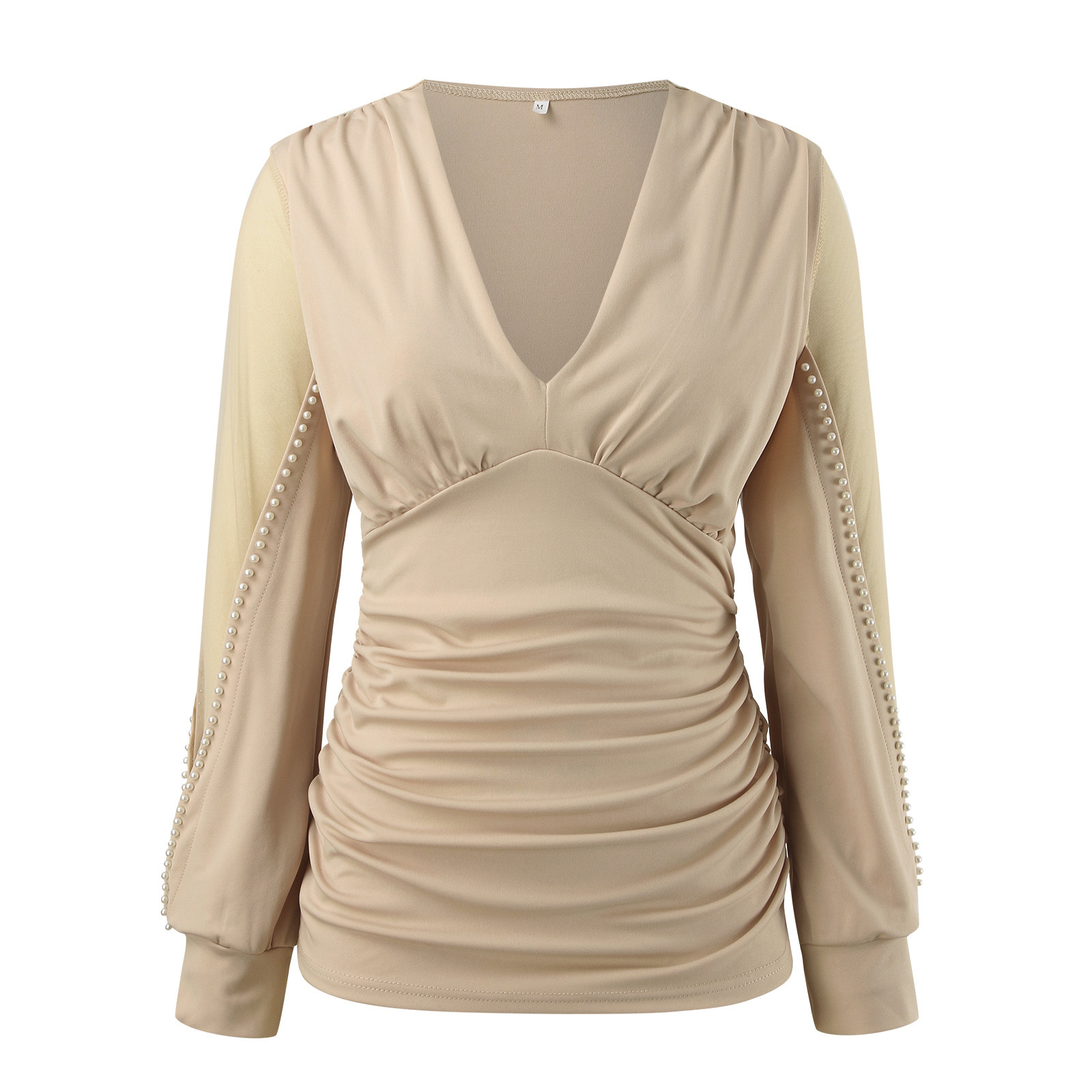 thumbnail image 4 of Blusa de malla de encaje transparente para mujer - Ribete de pedrería, cuello en V, manga larga - Top elegante y ajustado para ocasiones informales/fiestas - Tallas US/UK/EU S-XXL, 4 of 5